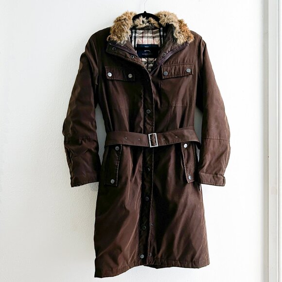 Burberry London Rabbit Fur Trimmed Stand Collar Tench Coat with Belt - Picture 3 of 11